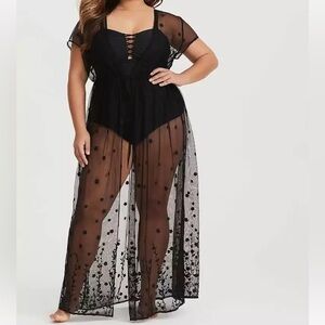 Torrid Black Tie Front Maxi Kimono Embroidered Mesh Beach coverup Size 0/0